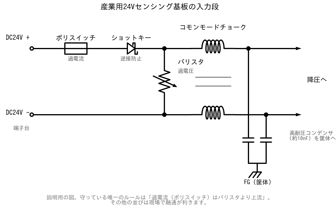 産業用 24V センシング基板の入力段の一例。端子台から、過電流(ポリスイッチ)→ 逆接(ショットキー)→ 過電圧(バリスタ)→ コモンモードチョーク → 筐体への小容量、と積んで、降圧へ渡す。並び順は一例で、私が唯一こだわったのは「ポリスイッチをバリスタより上流に」だけです
