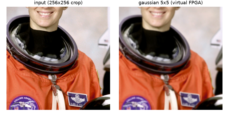 左は256x256に切り出した処理前の画像で、宇宙飛行士の顔とヘルメットが写っている。右はガウシアン5x5をかけた結果で、全体がやわらかくぼけて、細かいノイズや質感が均されている