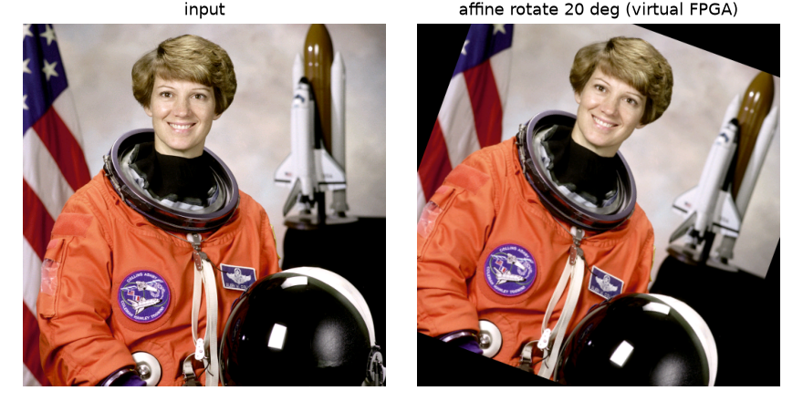 左は処理前の画像で、宇宙飛行士のポートレートがまっすぐ写っている。右はそれを中心まわりに20度回転させた結果で、四隅は元画像の外側にあたるため黒く埋まっている