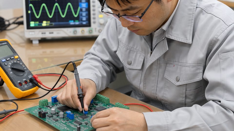 オシロスコープにプローブを当て、電子回路の動作を確かめている作業の様子。
